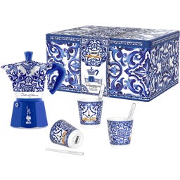Giftbox Dolce & Gabbana Moka Express 6 Cups Blu Mediterraneo + 3 Espresso Cups and Stirrers - 1 stuk