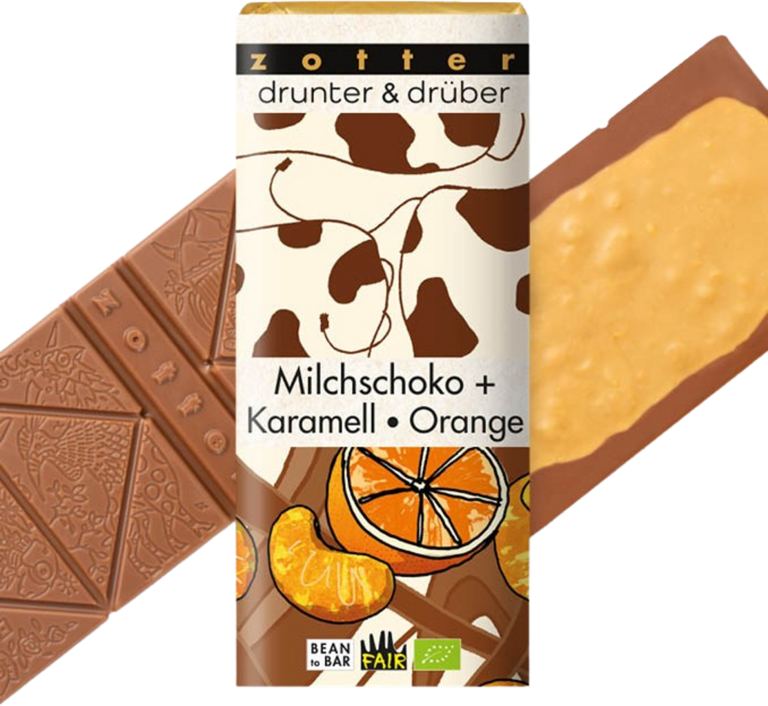 Chocolate Bio Arriba y Abajo - Chocolate con Leche + Caramelo y Naranja - 70 g